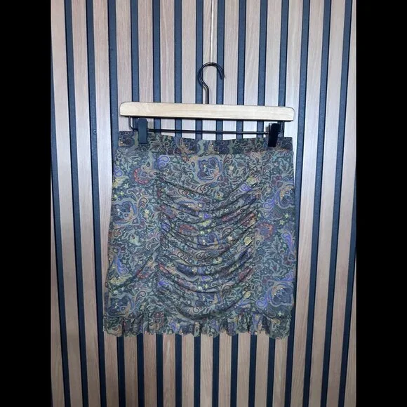 Free People Skirt Medium Multicolor Rouched Psychedelic Abstract Mini Stretch - Picture 2 of 7